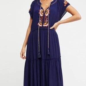 Free People Navy Maxi Dress with Embroidered Details